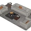 Modern Light Beige Sofa and Coffee Table Set With Orange Accent Pillows and Wooden Table