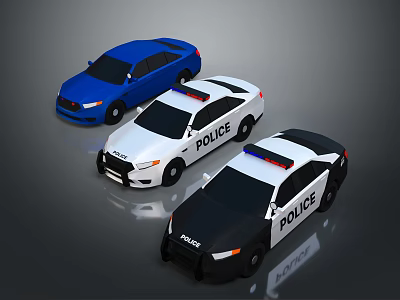White And Black Police Cars With Blue Vehicle On Gray Background 3d model
