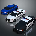 White And Black Police Cars With Blue Vehicle On Gray Background