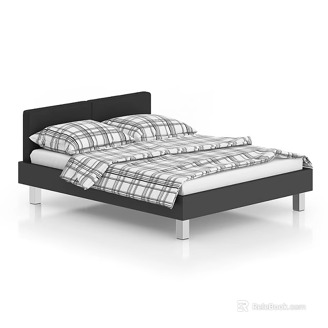 Modern Double Bed With Black Headboard Silver Legs And White Plaid Bedding 3d model 