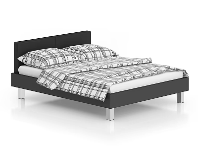 Modern Double Bed With Black Headboard Silver Legs And White Plaid Bedding 3d model