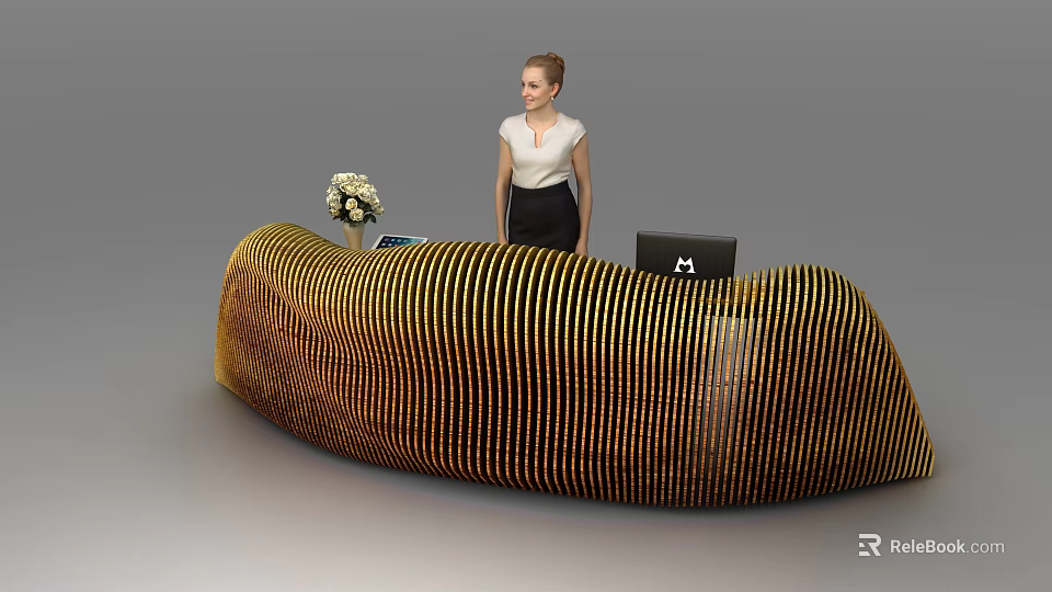 Curved Wooden Reception Desk With Vertical Slats Receptionist Flower Arrangement And Laptop 3d model 