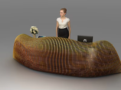 Curved Wooden Reception Desk With Vertical Slats Receptionist Flower Arrangement And Laptop 3d model