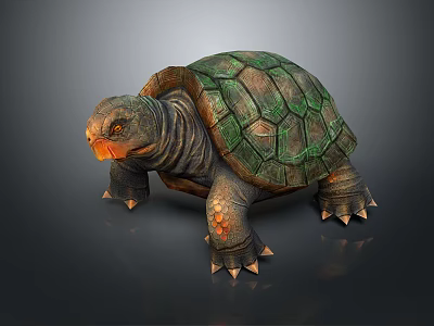 Detailed 3D Rendered Turtle With Green Textured Shell And Orange Head On Dark Background 3d model