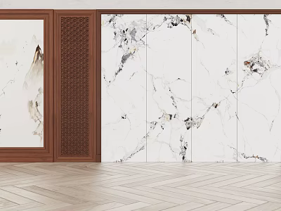 Elegant Living Room Interior With Marble Panel Wall And Herringbone Wooden Floor 3d model