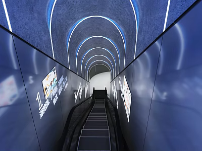 Futuristic Exhibition Hall With Arch Structure LED Lighting Escalator And Digital Screens 3d model