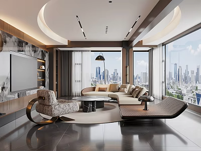 Modern Living Dining Room Interior Design With Large Windows City View Marble TV Wall Sofa 3d model