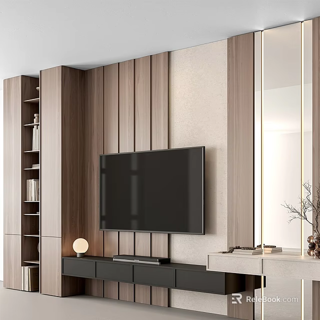 Modern TV Wall Design With Wooden Panels Light Wall And Decorative Elements 3d model