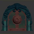 Mythical Style Arched Door With Green Ornate Carvings Red Panels And Circular Center