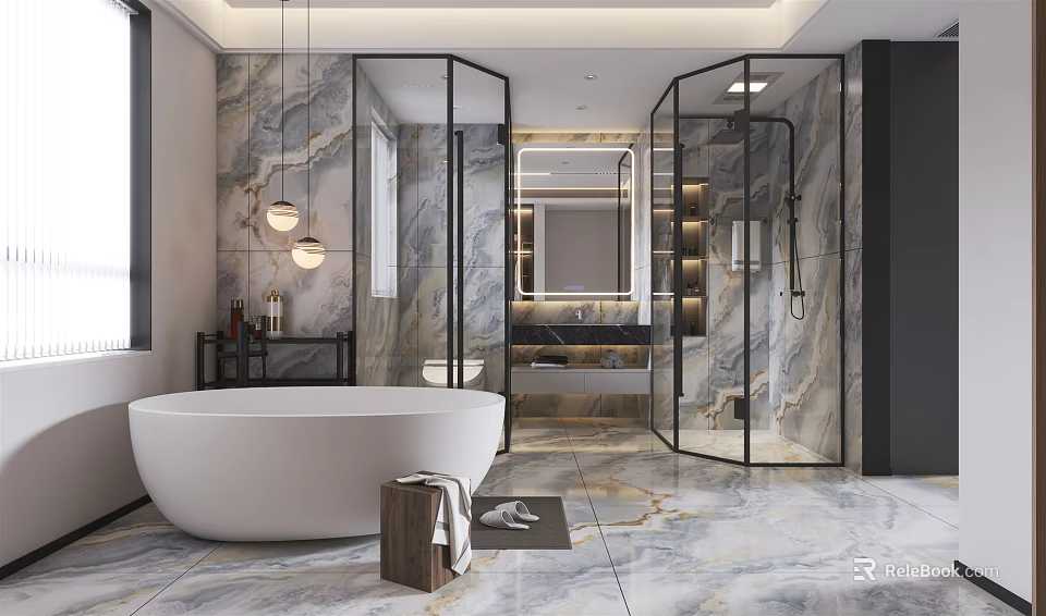 Modern Bathroom Interior With Marble Walls Freestanding Bathtub Glass Shower Enclosure Mirror And Pendant Lights 3d model 