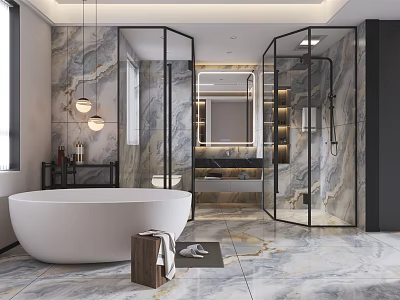 Modern Bathroom Interior With Marble Walls Freestanding Bathtub Glass Shower Enclosure Mirror And Pendant Lights 3d model