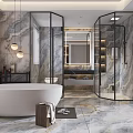 Modern Bathroom Interior With Marble Walls Freestanding Bathtub Glass Shower Enclosure Mirror And Pendant Lights