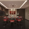 Chinese Style Private Dining Room Interior With Round Table Red Chairs And Wooden Decor