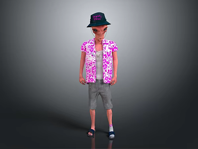 Game and Movie Character Wearing Green Hat Pink Floral Shirt Gray Shorts Sandals and Socks 3d model