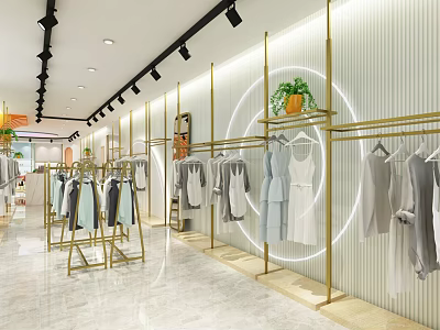Modern Bright Clothing Store Interior With Gold Racks And Displayed Apparel 3d model