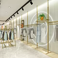 Modern Bright Clothing Store Interior With Gold Racks And Displayed Apparel