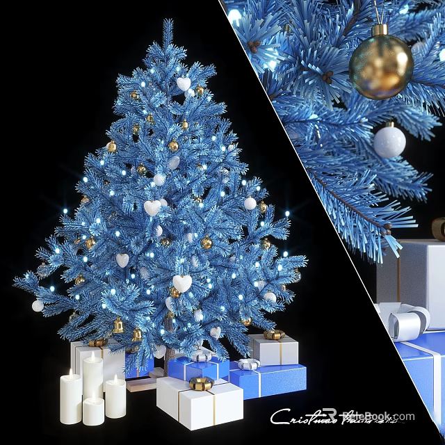 Blue Christmas Tree Wall Decor With Gold White Ornaments String Lights And Gift Boxes 3d model 