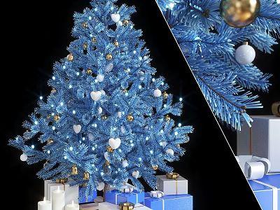 Blue Christmas Tree Wall Decor With Gold White Ornaments String Lights And Gift Boxes 3d model