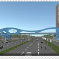 Modern Blue Curved Bridge Over Urban Road With Vehicles And High Rise Buildings