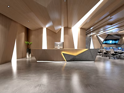 Modern Reception Area Design With Geometric Front Desk Wooden Walls And Ambient Lighting 3d model