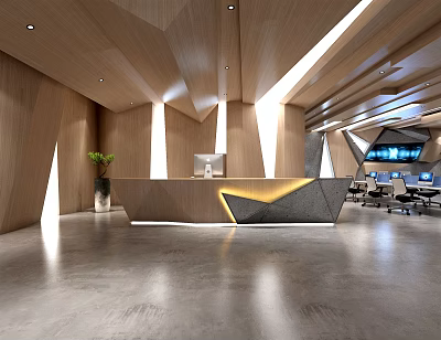 Modern Reception Area Design With Geometric Front Desk Wooden Walls And Ambient Lighting 3d model