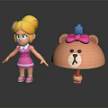 Blonde Girl Wearing Pink Dress and Shoes with Cartoon Bear Pink Bow and Blue Top