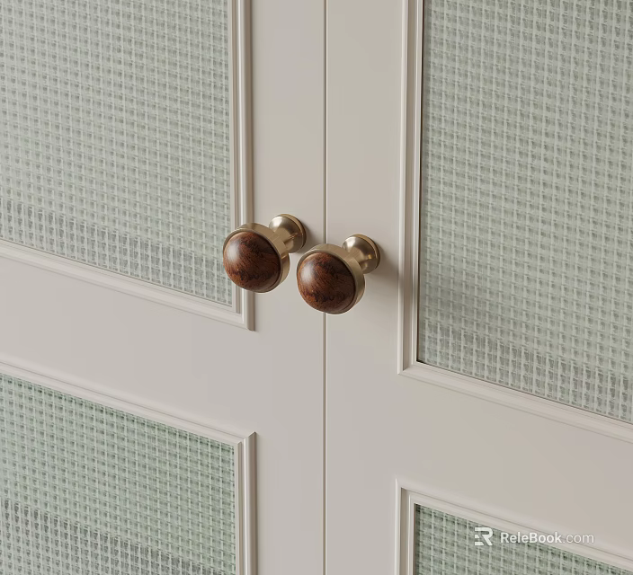 Wooden Cabinet Knobs With Metal Base On White Grid Pattern Doors 3d model 