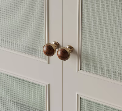 Wooden Cabinet Knobs With Metal Base On White Grid Pattern Doors 3d model