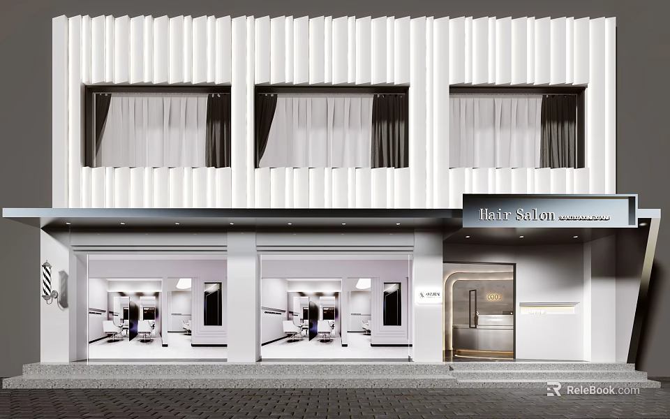Modern White Storefront Facade With Large Windows And Glass Door Design 3d model 
