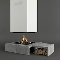 Modern Hanging Fireplace With Concrete Base Woodpile And Burning Flames