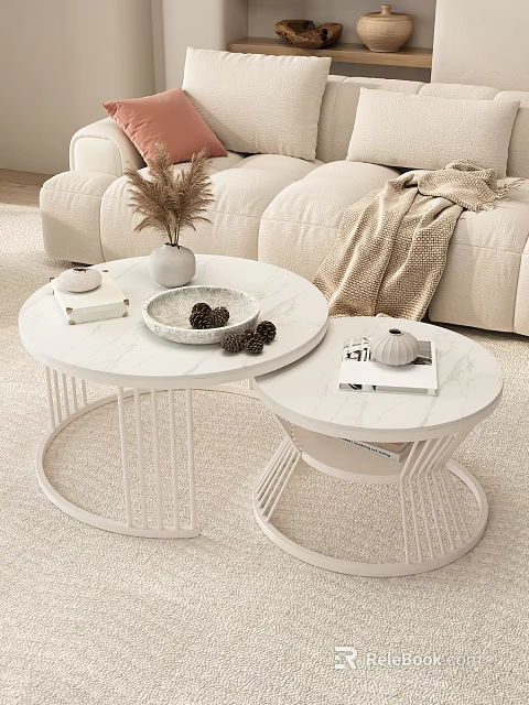 Modern Nested Round Coffee Tables With Marble Top Metal Frame And Decorative Books Pine Cones 3d model 