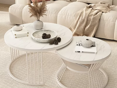 Modern Nested Round Coffee Tables With Marble Top Metal Frame And Decorative Books Pine Cones 3d model