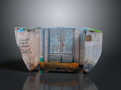 Rusted Metal Entrance Gate Surrounded By Brick Walls With Graffiti Moss And Weathered Steps 3d model