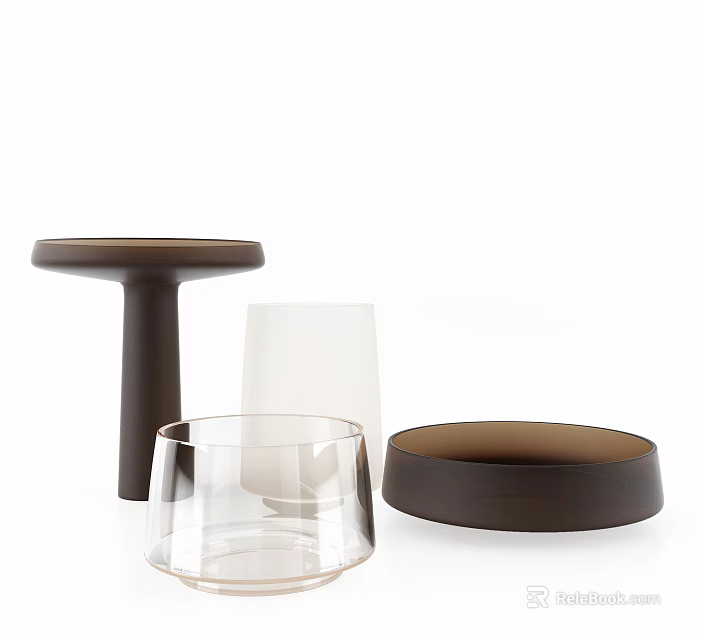 Modern Beverage Glassware Set with Clear Cup Brown Tray and Minimalist Bowl Design 3d model 