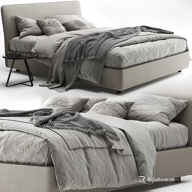 Modern Minimalist Double Bed With Gray Bedding Blanket And Pillows 3d model 