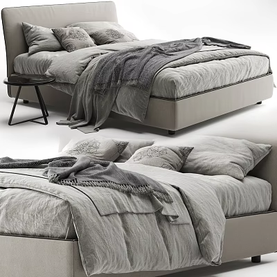 Modern Minimalist Double Bed With Gray Bedding Blanket And Pillows 3d model