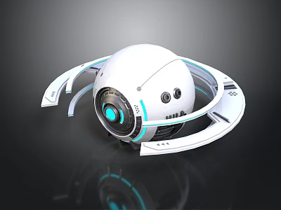 Futuristic White Spherical Tech Device With Circular Rings And Blue Glowing Elements 3d model