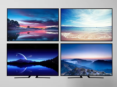 Modern TV Screens Showing Stunning Natural Scenery With Sunset Ocean Mountain And Starry Views 3d model