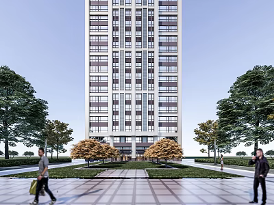 Modern High Rise Office Building With Lush Trees And Pedestrians On Plaza Walkway 3d model