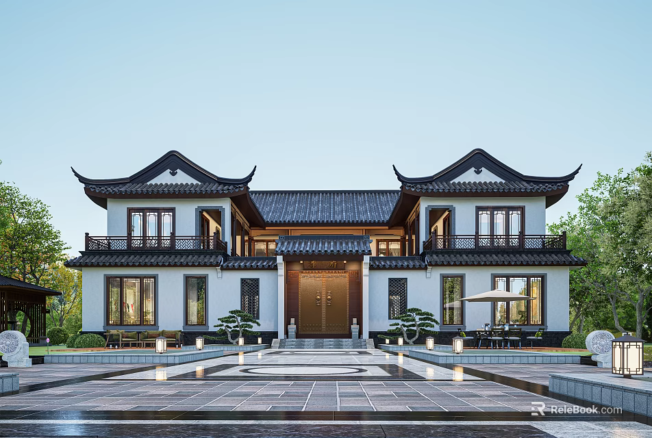 Chinese Traditional Detached Villa With Overhanging Eaves Black Tiles White Walls And Courtyard 3d model 