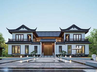Chinese Traditional Detached Villa With Overhanging Eaves Black Tiles White Walls And Courtyard 3d model
