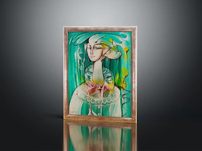 Vibrant Golden Framed Painting With Detailed Female Figure Green Leaves And Reflective Surface 3d model