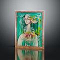 Vibrant Golden Framed Painting With Detailed Female Figure Green Leaves And Reflective Surface
