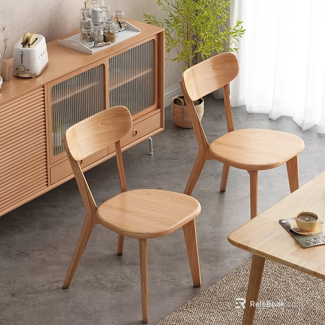 Natural Wooden Dining Table Set With Simple Chairs In Minimalist Interior 3d model 
