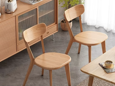 Natural Wooden Dining Table Set With Simple Chairs In Minimalist Interior 3d model