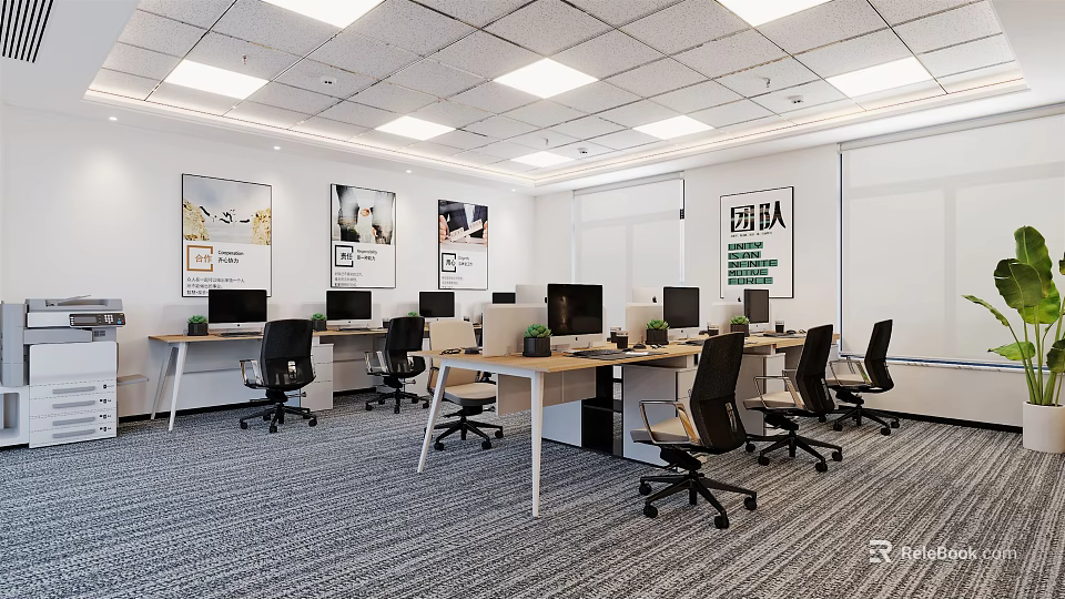 Modern Public Office Space With Desks Computers Task Chairs Wall Posters And Ceiling Lights 3d model