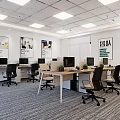 Modern Public Office Space With Desks Computers Task Chairs Wall Posters And Ceiling Lights 3d model