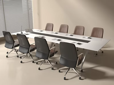 Modern Office Conference Table With White Surface And Black Brown Chairs In Meeting Room 3d model