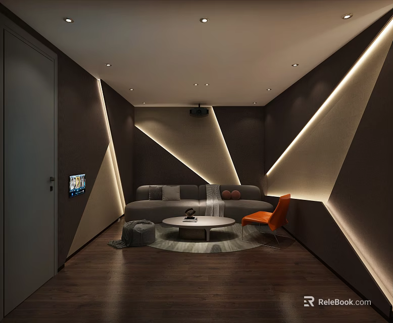Modern Home Theater Room With Gray Sofa Orange Accent Chair Round Coffee Table And Recessed Lighting 3d model 