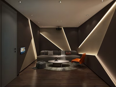 Modern Home Theater Room With Gray Sofa Orange Accent Chair Round Coffee Table And Recessed Lighting 3d model